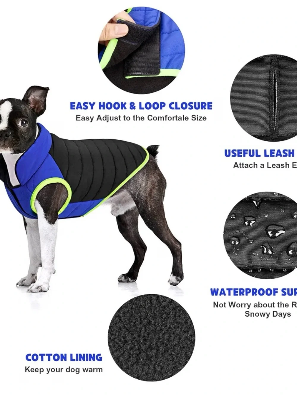 Blue & Black Puffer Dog Coat with Lime Trim